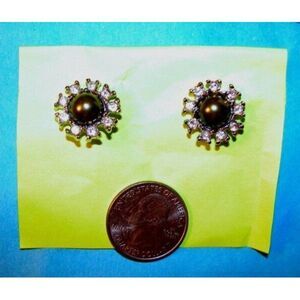 Vintage Faux Black Pearl + Rhinestone Button Stud Earrings  Flower Post Pierced